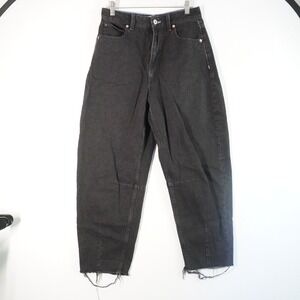 River Island Studios High Rise Barrel Leg Jeans Black Denim US 6 Raw Hem